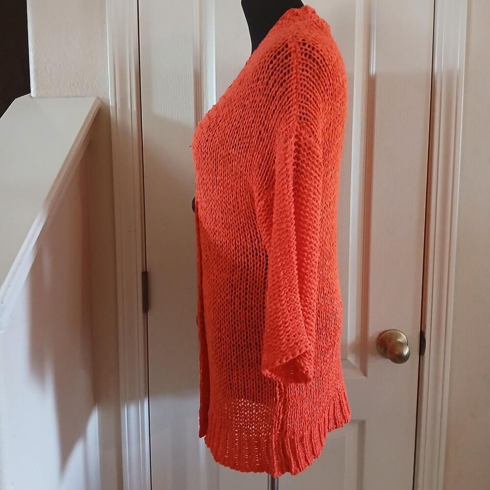 Coastal Boho Orange Chunky Loose Knit 3 Button Cardigan 3/4 Sleeves S - Picture 3 of 7